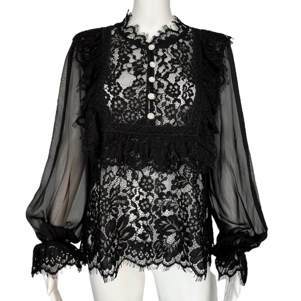 $540  Self Portrait Black Lace Sheer Blouse Sz 6